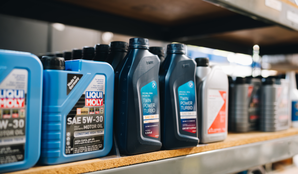 Row of high-quality motor oils for oil change at Bavarium Autoworks in Mountain View, CA.